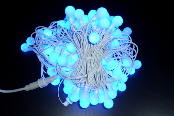 LED-PLR-100-15M-240V-B/WH  100 LED цвет синий, белые матовые шарики D2,5см, 15m, белый кауч.провод, фото 2