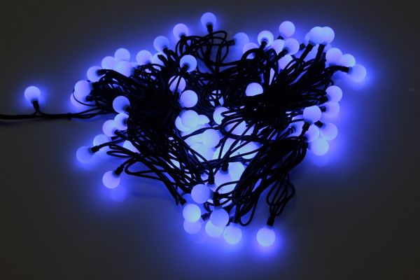 LED-PLR-100-15M-240V-B/BL  100 LED цвет синий, белые матовые шарики D2,5см, 15m, черный кауч.провод, фото 2